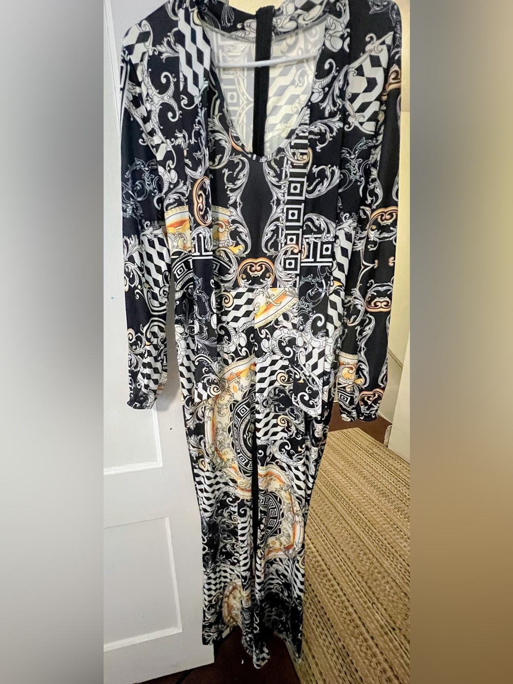 Fashion Nova Black White & Gold Printed Long Sleeve Jumpsuit
